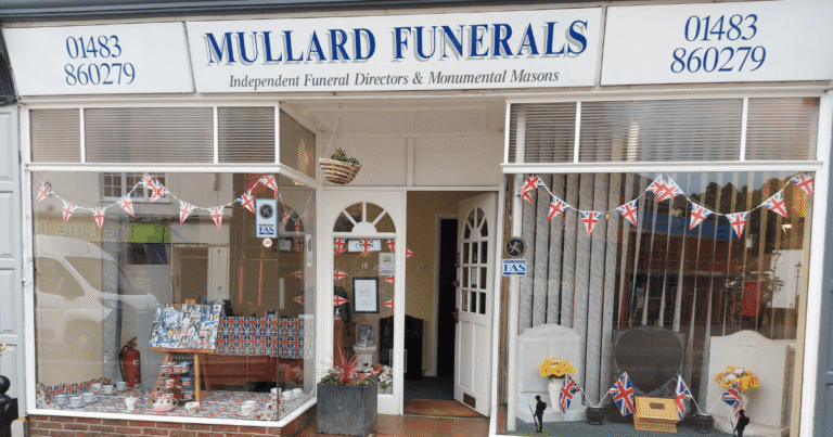 Funeral Director office decorated in the Union Jack flag