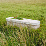 The Cane Coffin with small red flower bouquet on top